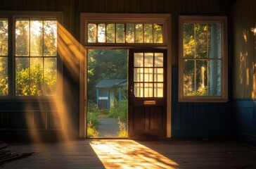 Fototapeta premium Vintage schoolhouse left behind, sunbeams