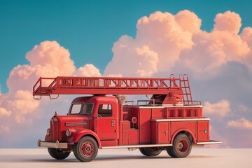 Camión de bomberos rojo vintage con una escalera, contra un cielo azul con nubes rosadas.