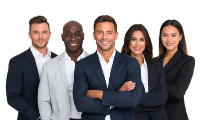 Confident professional business team in formal suits standing together and smiling, isolated on transparent background