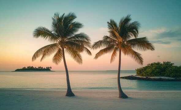 Two palm trees on a tropical beach at sunset