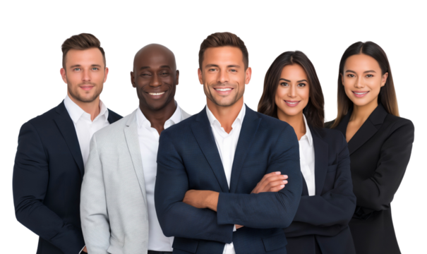 Confident professional business team in formal suits standing together and smiling, isolated on transparent background