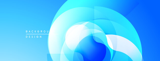 Abstract blue design features overlapping circles. Gradient shades create dynamic visual effect. Minimalist style, modern aesthetic.