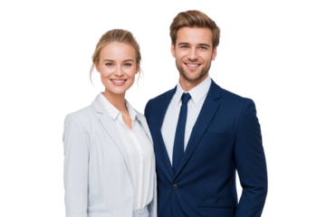 Portrait of a smiling young business couple standing together, isolated on transparent background