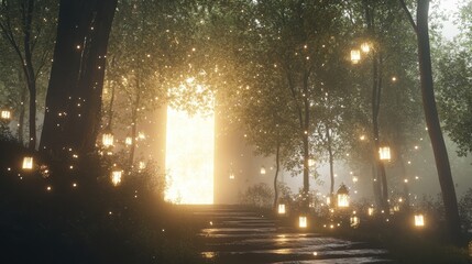 A stone staircase leads to a glowing portal in a misty forest, adorned with hanging lanterns and scattered lights, creating a magical and ethereal atmosphere.