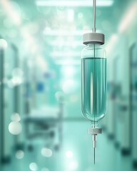 Intravenous drip in hospital hallway close up medical treatment solution saline bag healthcare system