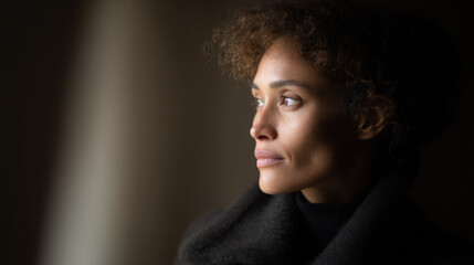 portrait of person positioned on left side of frame hands out of view showcasing powerful emotion