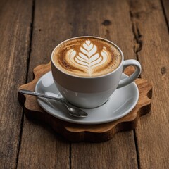 Obraz premium A coffee cup with latte art, placed on a wooden coaster, isolated on transparent background.