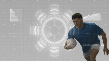 male athlete holding rugby ball crouching on grid showcasing sports technology HUD and data charts - Powered by Adobe