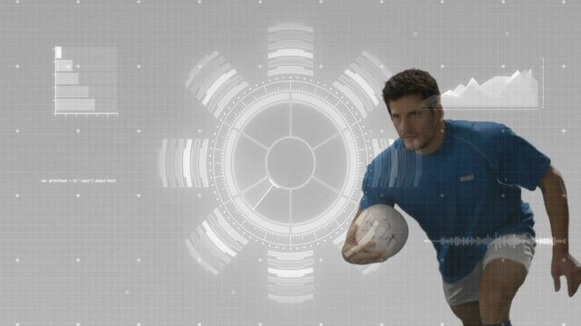 male athlete holding rugby ball crouching on grid showcasing sports technology HUD and data charts - Powered by Adobe