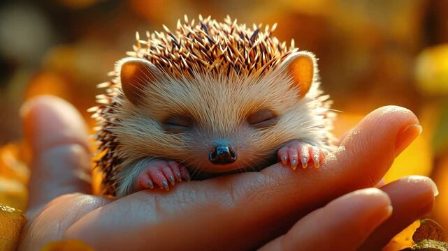 Tiny Spiked Delight: A serene hedgehog rests gently in the palm of a hand, its eyes closed in peaceful slumber amidst a backdrop of warm, autumnal leaves, conveying tenderness and tranquility.