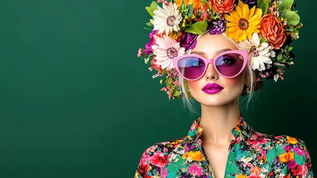 Blooming Beauty: A captivating lady adorned with a crown of vibrant, fresh blooms exudes effortless grace while embracing a world of floral elegance.