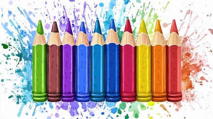 Fototapeta premium Colorful pencils in a row against a backdrop of colorful paint splatters