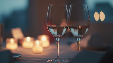 Two wine glasses with white wine on an elegant table; a moment of refined relaxation and simple luxury.