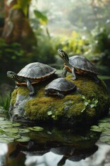 Obraz premium Three turtles basking on a moss-covered rock by a tranquil pond, surrounded by lush greenery.