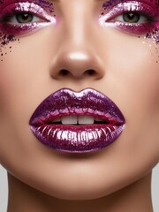 Glamorous close-up of a woman with bold, glossy purple lips and artistic pink glitter eye makeup.