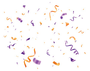 Purple and orange confetti, ribbon banner, celebration festive decorations background