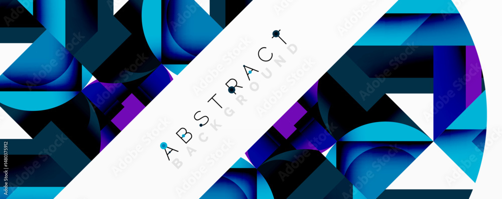 Leinwandbilder Dynamic blue geometric shapes create modern abstract background. Diagonal white stripe features text. Vivid colors, sleek design.