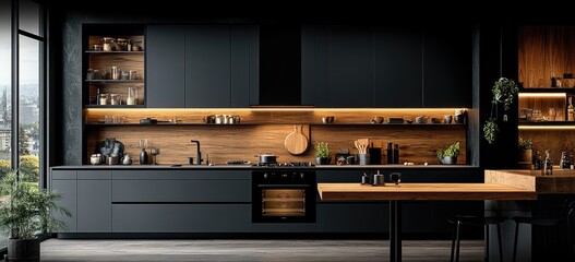 Modern kitchen design with dark cabinets and wood accents