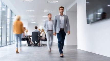 Business People Walking in Modern Office Hallway with Conference Room