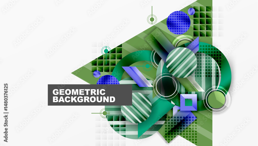 Poster abstract geometric background features overlapping shapes, lines, circles. green, blue hues dominate