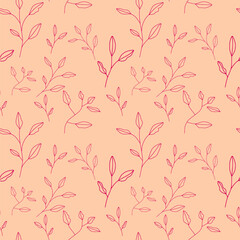 Line art leaves pattern, Pink Botanical hand drawn leaf lineart pattern, Abstract Tropical leaf Wallpaper, outline design for fabric , print, banner, invitation, Leaves branch Vector