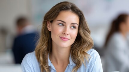 Fototapeta premium Woman Looking Away in Office Setting with Smiling Expression