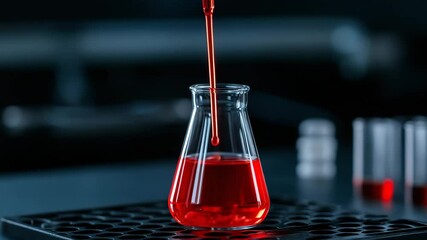Red Liquid in Lab Flask: A detailed shot unveils a lab flask filled with a vibrant red liquid. A dropper releases a small amount of the liquid into the flask.