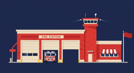 Modern Fire Station Building with Firetruck