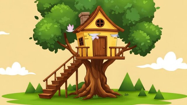 Charming treehouse in lush tree illustration