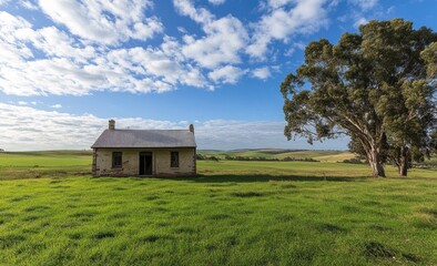 Lonely farmhouse in a vast grassy field under a partly cloudy sky