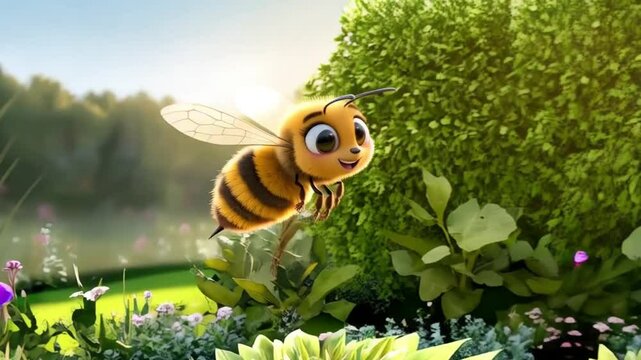Cartoon bee flying in sunlight over green leaves in bright garden view