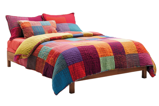 Colorful bed with patchwork quilt and matching pillows creating cozy atmosphere