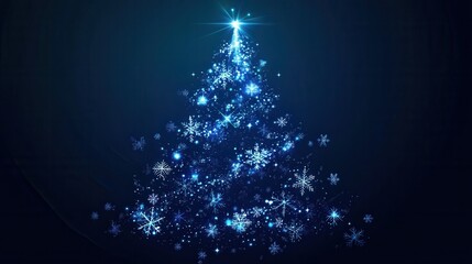 Blue Christmas tree with snowflakes and glowing star on dark background. Holiday season design element for festive backgrounds, cards, and decorations with copy space.
