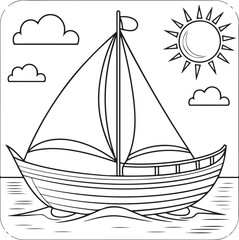 Coloring page sailboat sailing on the open sea under the bright sun with seagulls flying in the sky.