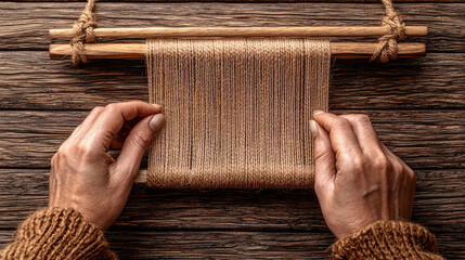 Two hands working on a small weaving frame with brown yarn