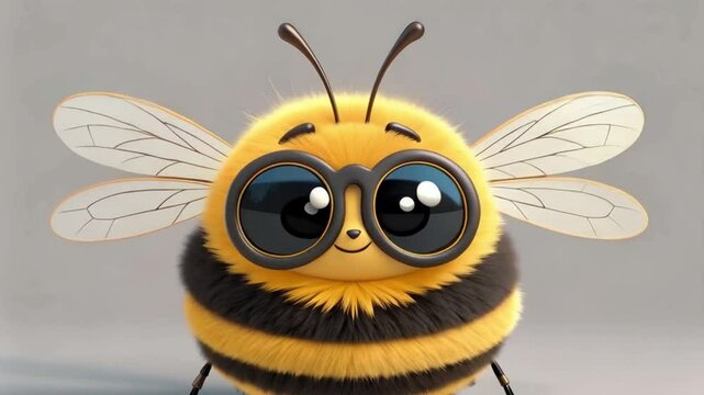 Stylish cartoon bee wearing sunglasses, smiling confidently outdoors