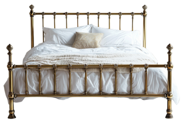 Classic brass bed frame with vintage charm and white bedding for cozy bedroom