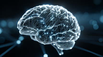 Futuristic Glowing AI Brain with Circuit Lines and Soft Bokeh Background