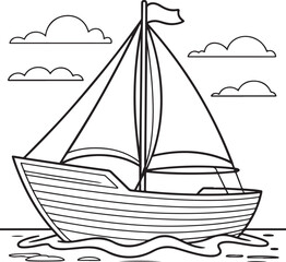 Coloring page sailboat sailing on the open sea under the bright sun with seagulls flying in the sky.