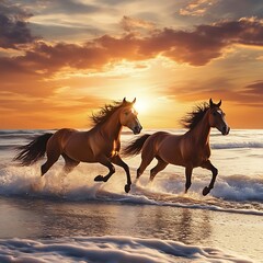 Beautiful herd of horses running along the beach at sunset, reflection on water with dramatic sky image