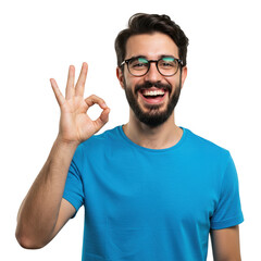Smiling man showing ok sign isolated on transparent background