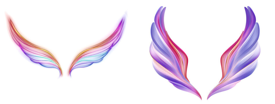 Abstract neon rainbow wings with soft gradient brushstroke texture, curved feather-like form isolated on transparent background for fantasy, angelic, or digital concept designs