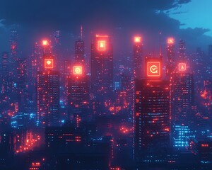 Fototapeta premium Futuristic city skyline at night, illuminated by vibrant neon lights and digital icons representing technology.