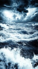 Obraz premium Dramatic Seascape of Ocean Waves Crashing Under Stormy Sky Eye-Level View Moody Tone Nature Photography