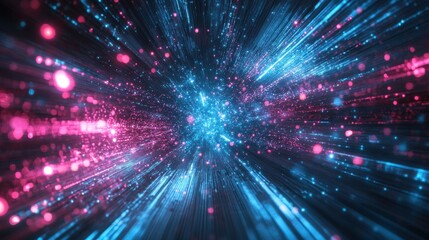 Obraz premium Abstract technology background with blue and pink light trails and particles. Futuristic digital data stream visualization for science and network concepts.