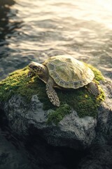 A green sea turtle basking on a moss-covered rock by the shimmering water, capturing the tranquility of nature.