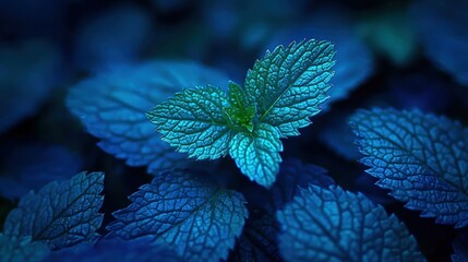 Teal tinted mint leaves close-up, vibrant textures
