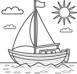Coloring page sailboat sailing on the open sea under the bright sun with seagulls flying in the sky.