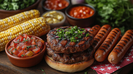 Fourth of July BBQ Feast – USA Independence Day Grilled Burgers, Hot Dogs & Sides