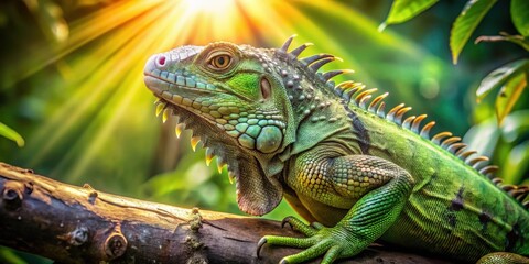 Fototapeta premium A large green Iguana perches on a sturdy tree branch